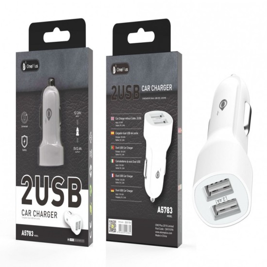 ONE PLUS A5783 DUAL USB CAR CHARGER EMOLGA, 2.4A BRANCO ( 2001781 )